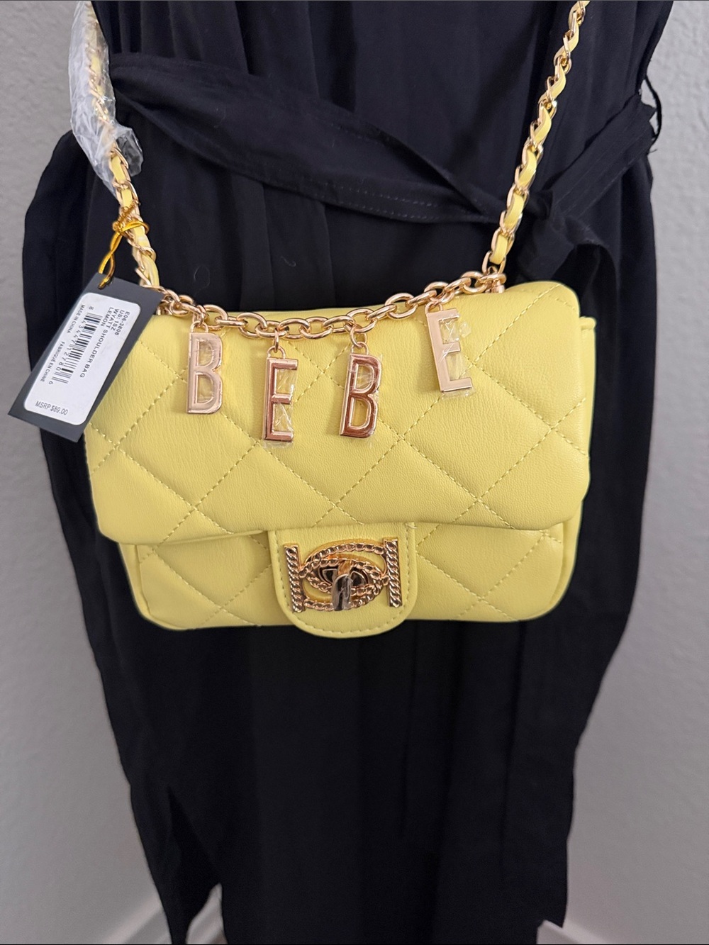 BNWT BEBE Wyatt Bag Yellow Quilted Crossbody with Gold Chain and Letter Charms